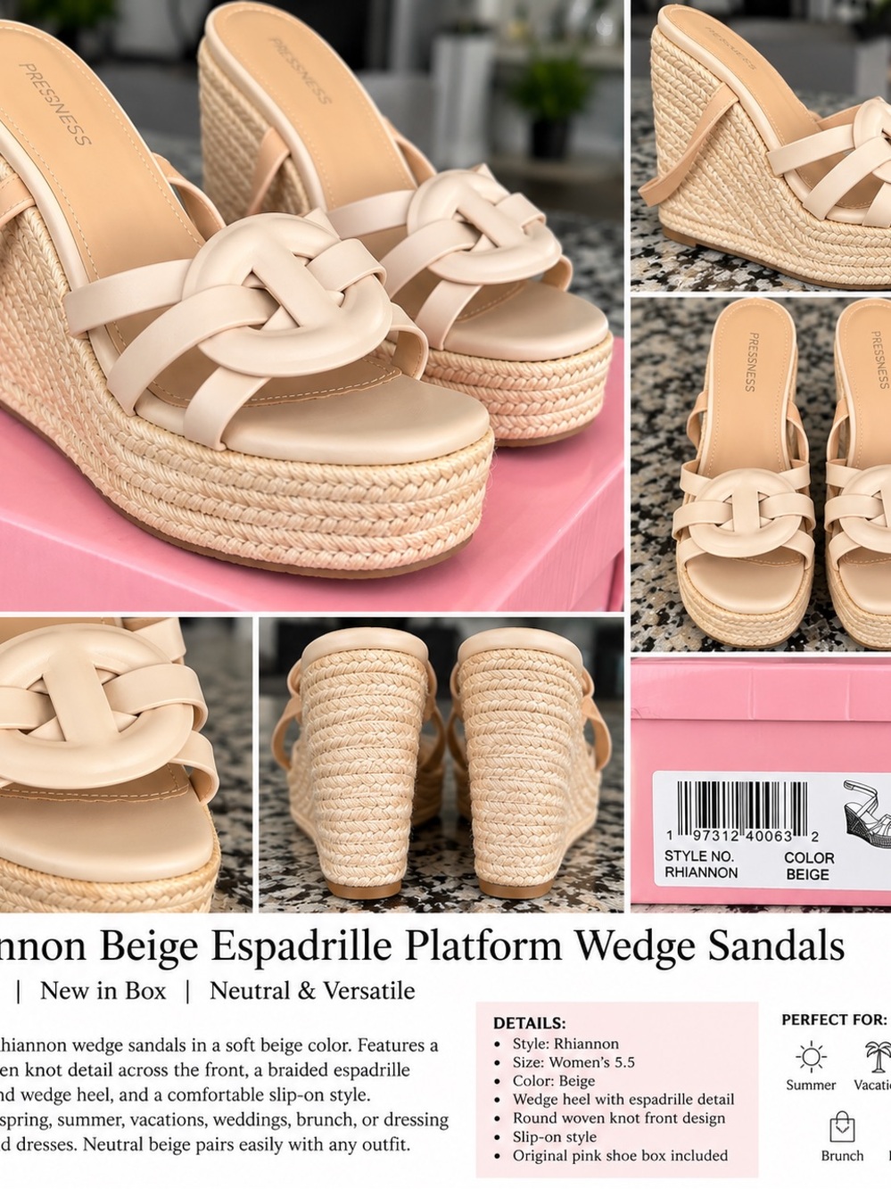 Pressness Rhiannon Beige Espadrille Platform Wedge Sandals